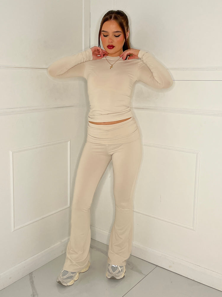 Long Sleeve Round Neck Top & Flares Co-Ord Second Skin - beige