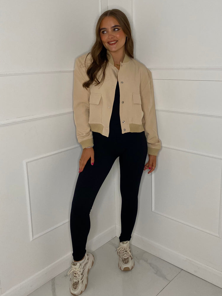 Cropped Pocket Detail Bomber Jacket -Beige