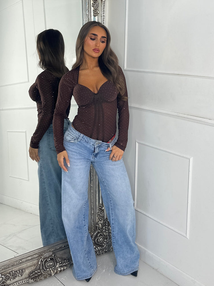 Long Sleeve Diamante Detail Cupped Bodysuit - Chocolate Brown