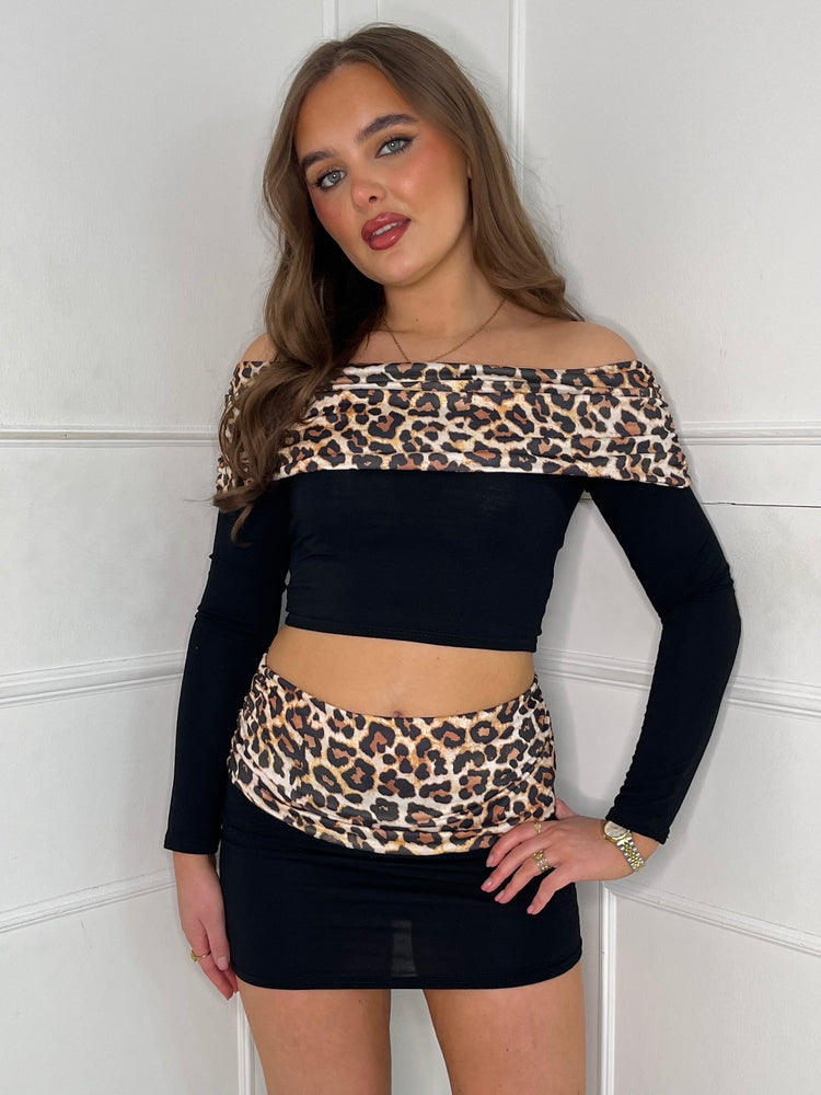 Leopard Fold Over Skirt & Bardot Top Set - Black