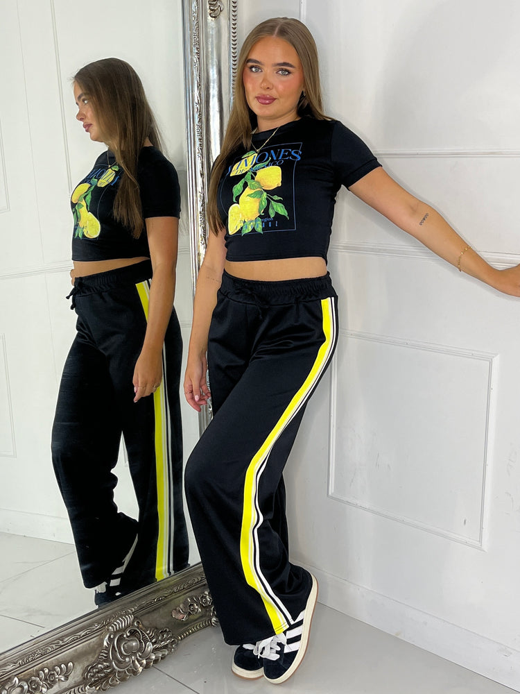 Lemon Tee & Side Stripe Trousers Co-Ord - Black