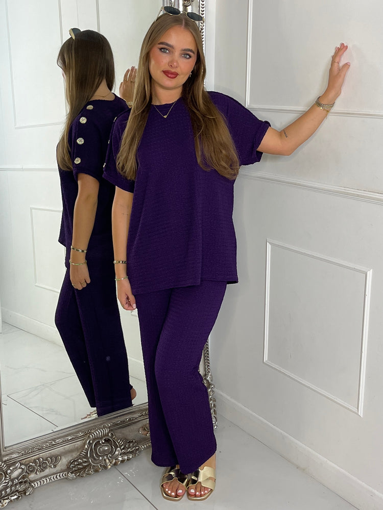 Gold Button Detail Oversized Top & Wide Leg Pants Co-Ord - Plum