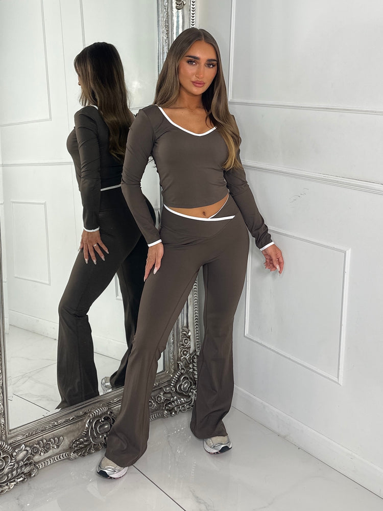 Crossover Ruched Bum Flares & Line Detail Long Sleeved Top - Chocolate