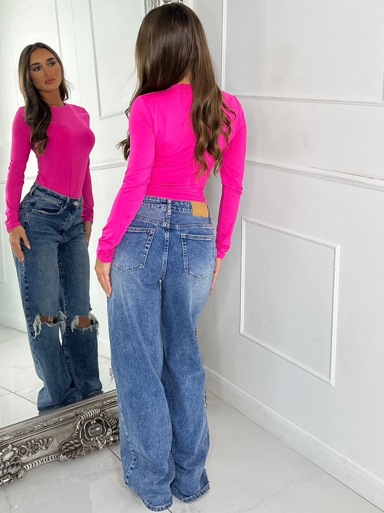 Round Neck Second Skin Bodysuit - Hot Pink