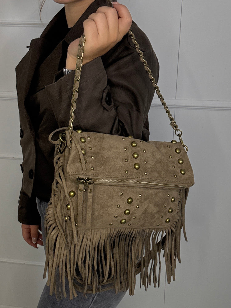 Suede Gold Detail Tassle Chain Bag - Beige
