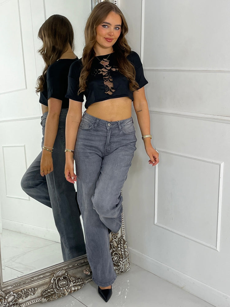 Cross Detail Lazer Cut Lace Insert Crop Top - Black Lace