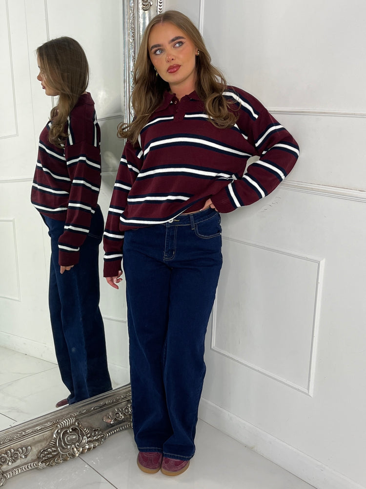 Stripe Detail Knitted Long Sleeve Jumper - Wine/Navy