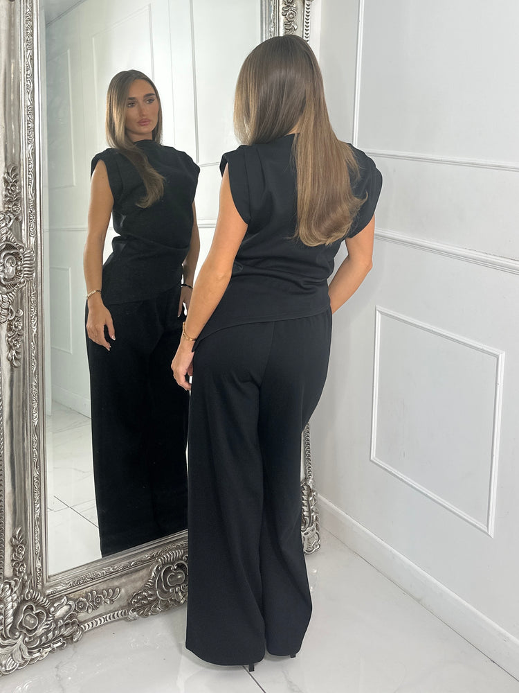 Asymmetric padded shoulder top & Flares Co Ord - Black