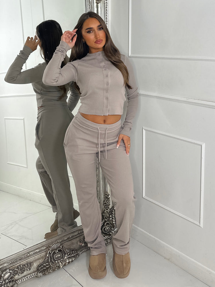 Ribbed Long Sleeve Button Up Top & Pants Co-Ord - Dove Grey