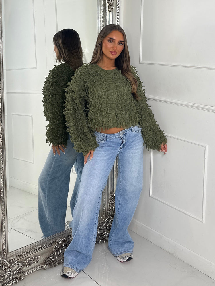 Soft Fluffy Loop Detail Cardigan - Khaki