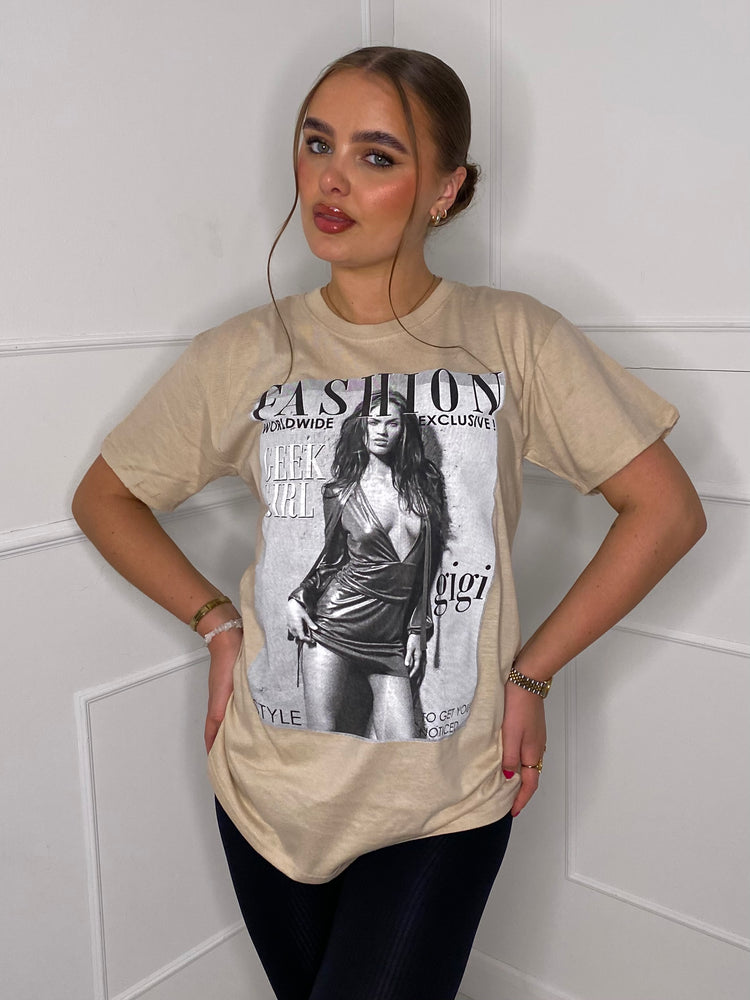 Fashion Print T-shirt- Beige