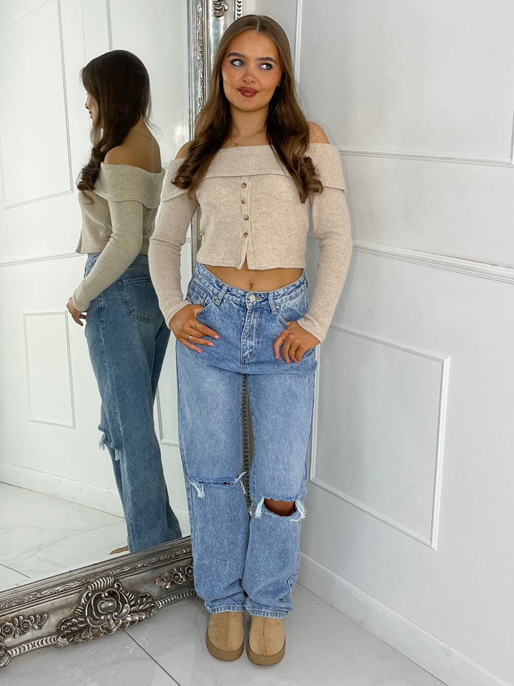 Heavy Rib Off Shoulder Top - Beige Knit