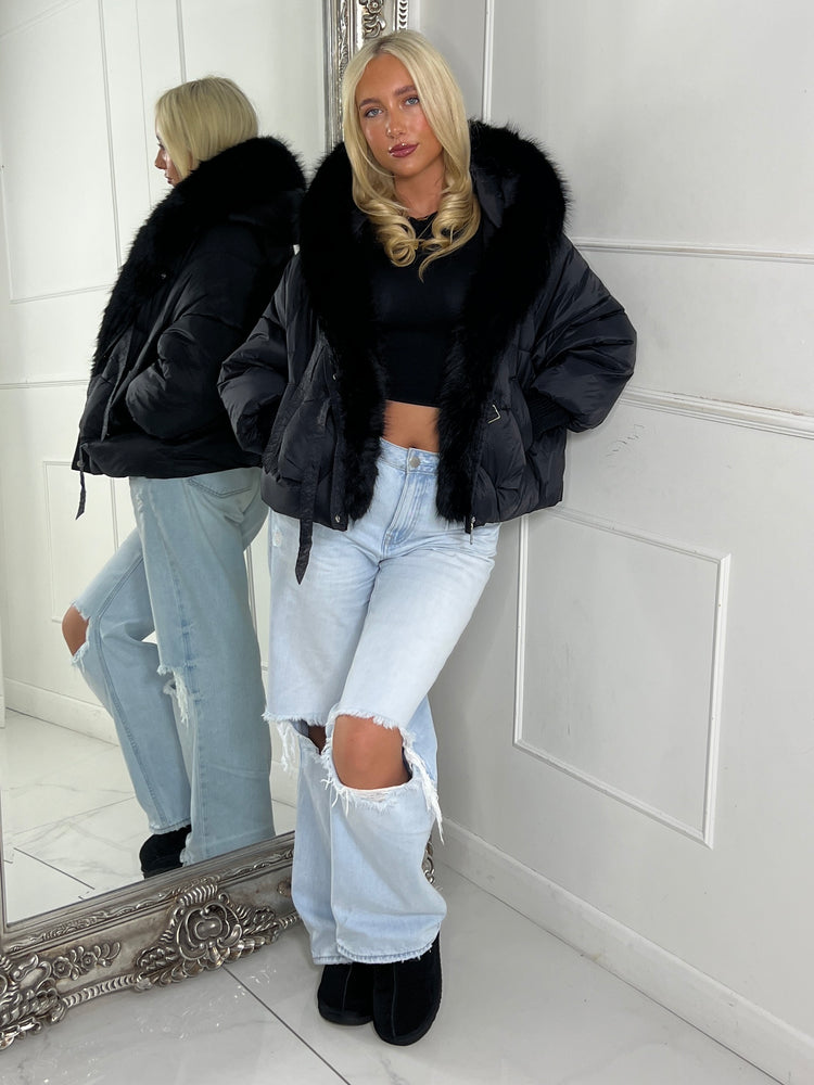 Hooded Faux Fur Puffer Coat With Buckle Detail - Black