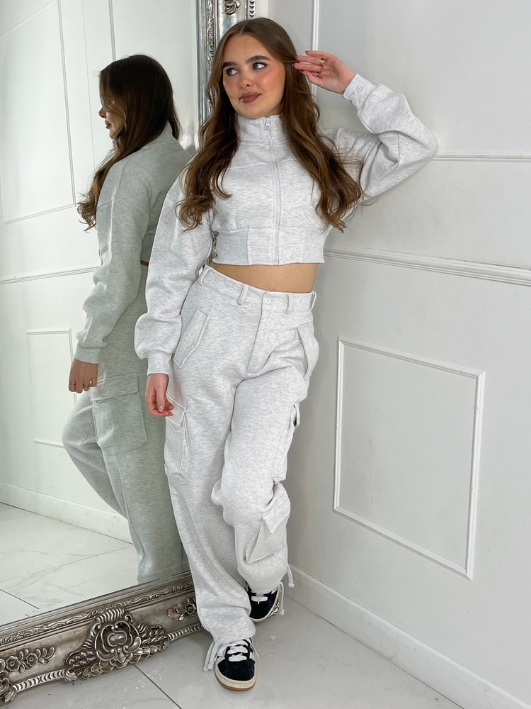 High neck Zip Up Jacket & Button Detail Cargo Pocket Flares - Light Grey