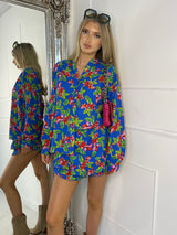 Matching Long Sleeve Shirt and Frill Skort Set - Blue Floral Print
