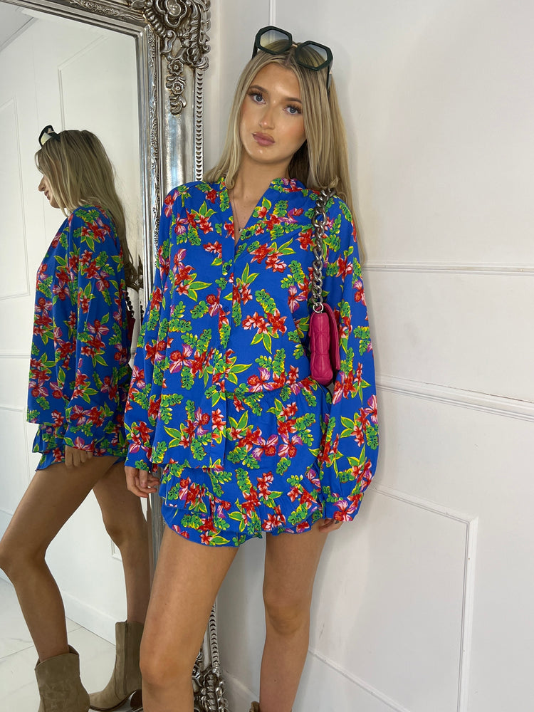 Matching Long Sleeve Shirt and Frill Skort Set - Blue Floral Print