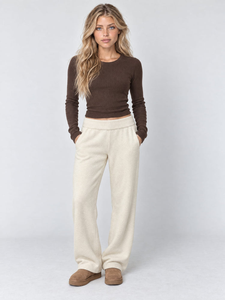 Knitted Wide Leg Pants - Beige