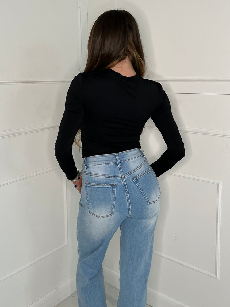 Round Neck Long Sleeve Top Second Skin - Black