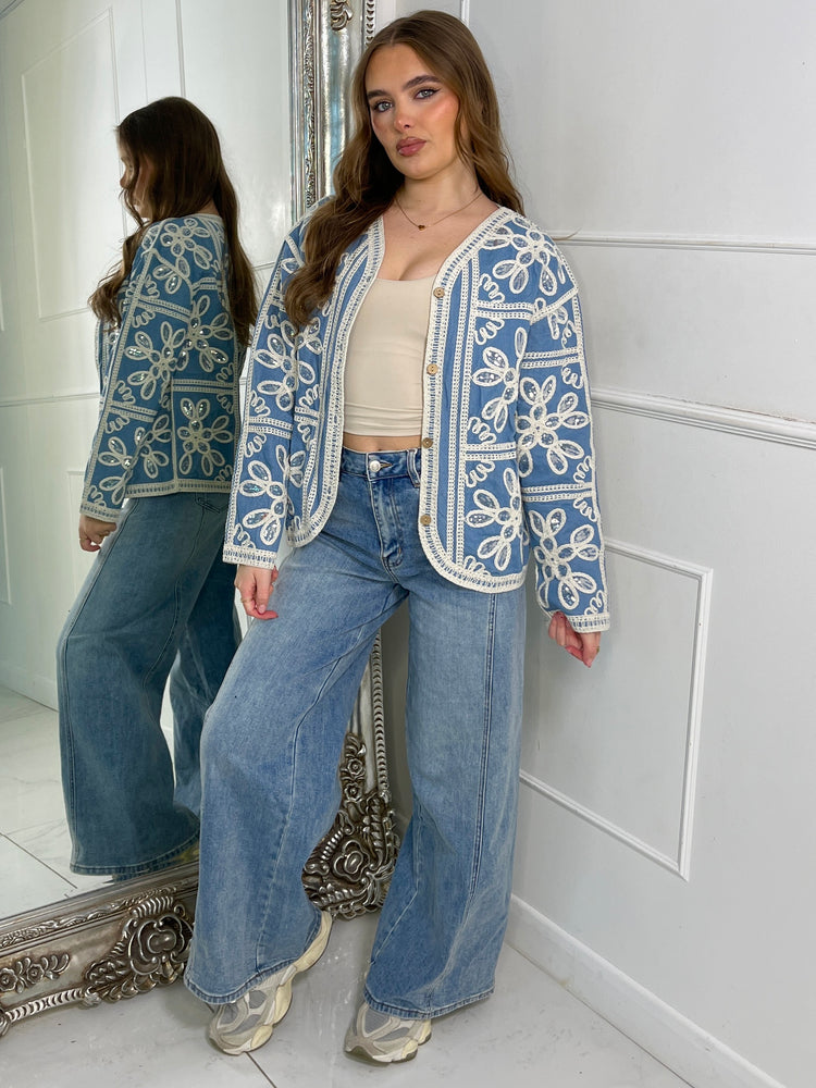 Floral border Embroidered Jacket - Denim & Beige Contrast