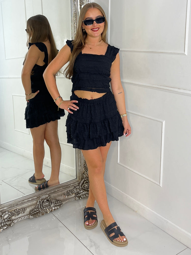 Ruffle Shoulder Textured Top & Skort Set - Black