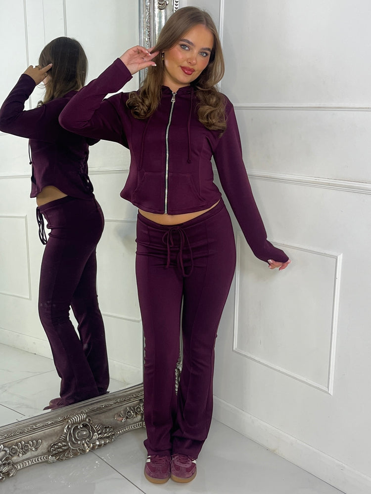 Tie Up Corset Detail Back Hoodie & Seam Detail Flared Pants - Wine