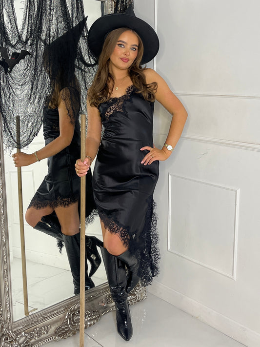 Long Asymmetric Satin Dress With Lace Trim Detail - Black