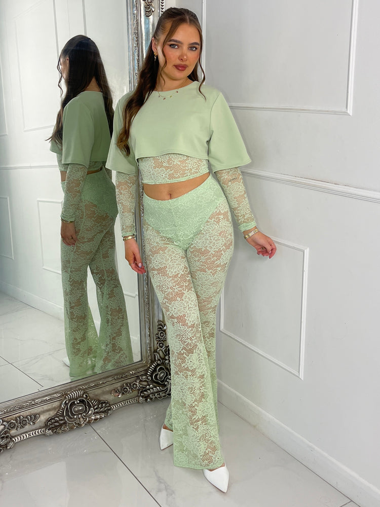 Round Neck Lace Underlayer Long Sleeved Cropped Top & Built In Knicker Underlayer Lace Flares Co-Ord - Sage Green