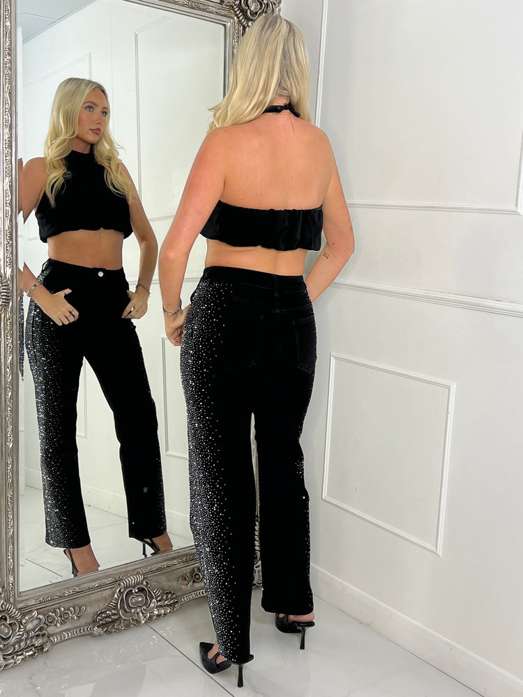Scattered Side Diamante Wide Leg Jeans - Black Denim