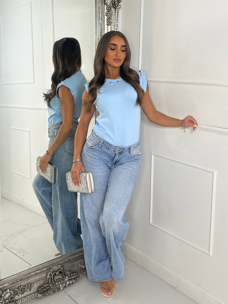 Silver Detail Padded Shoulder Tank Top - Baby Blue