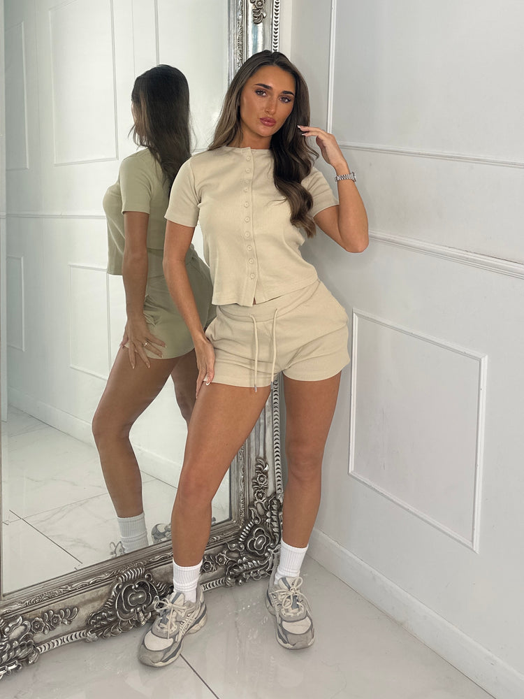 Round Neck Button Up Ribbed Top & Drawstring Shorts Co-ord - Beige