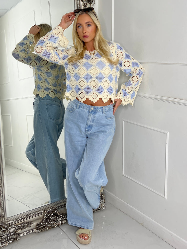 Multi Colour Contrast Crochet Top - Beige & Baby Blue