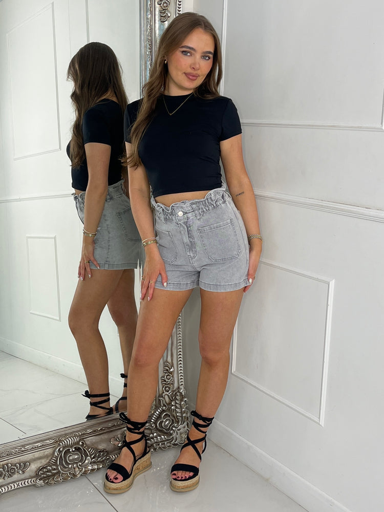Pocket Detail Paper Bag Denim Shorts - Grey