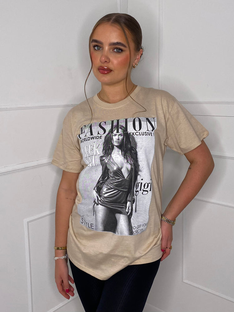 Fashion Print T-shirt- Beige