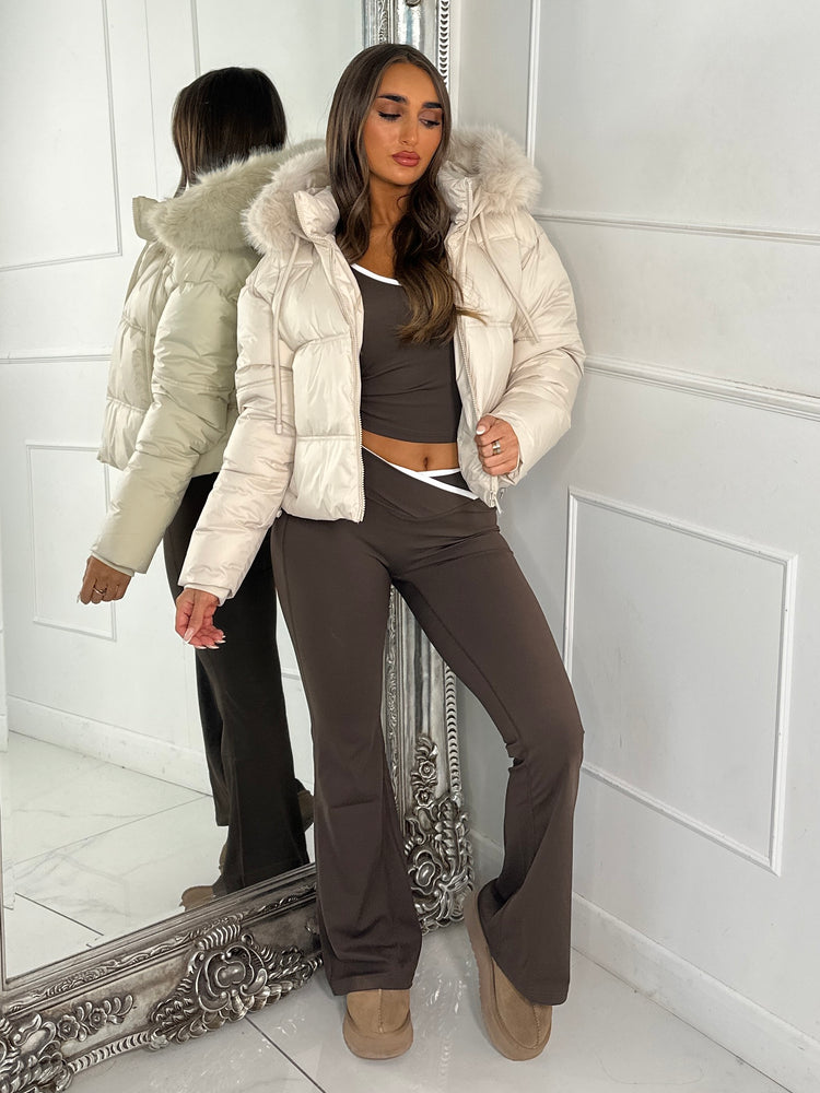 Cropped Faux Fur Trim Padded Jacket - All Cream