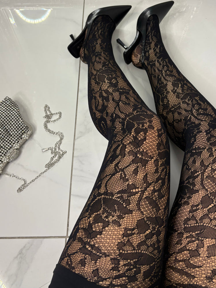 Lace Floral Pattern Tights - Black