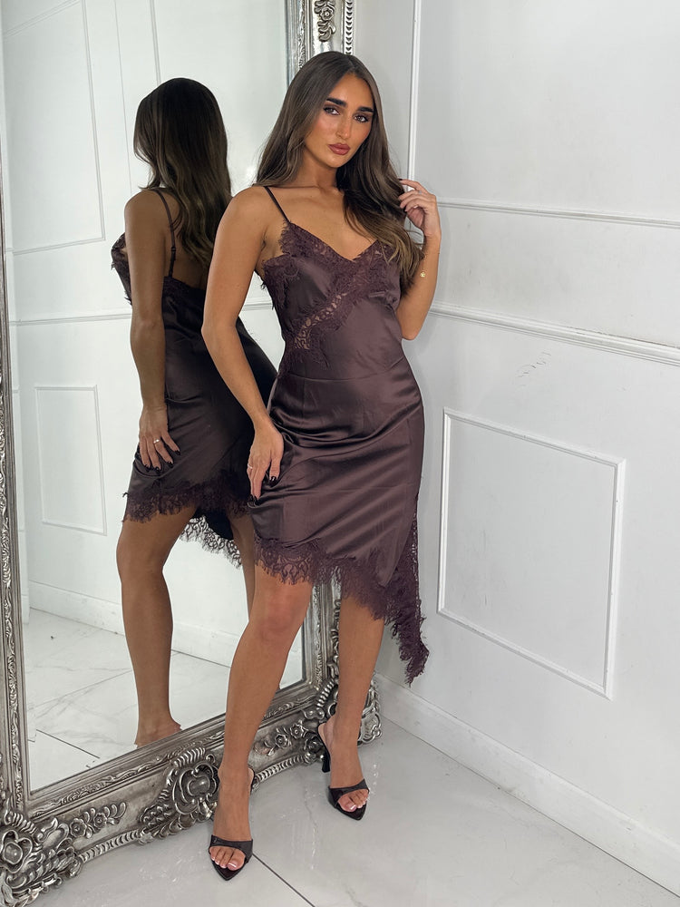 Long Asymmetric Satin Dress With Lace Trim Detail - Brown
