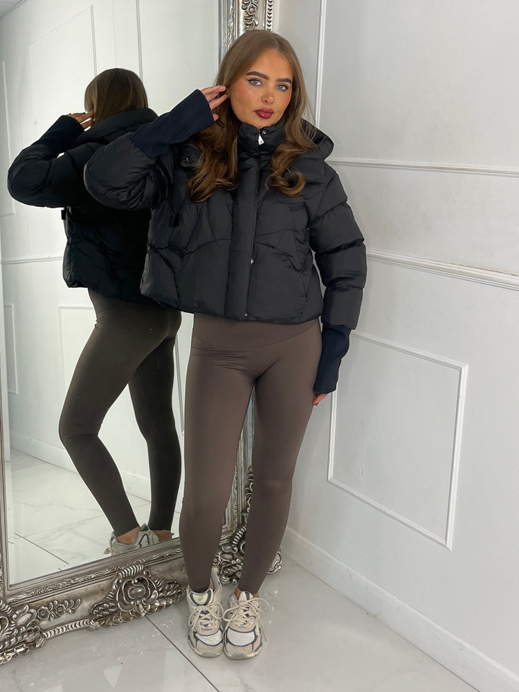 Cropped Puffer Coat With Hood - Black