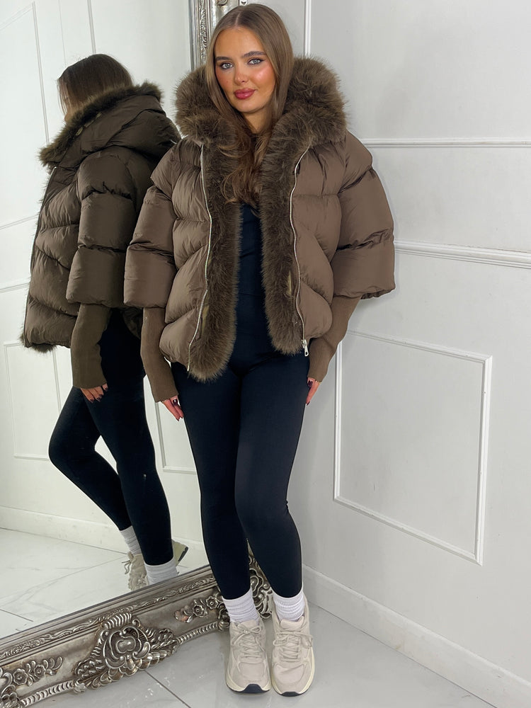 Hooded Puffer Coat With Faux Fur Trim - Brown