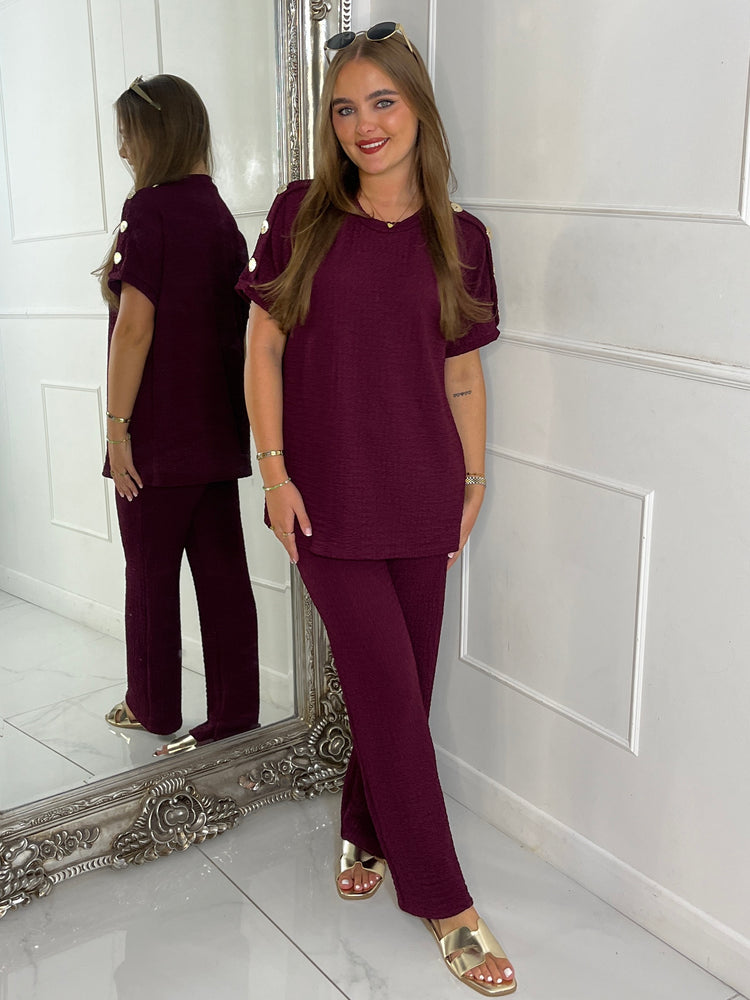 Gold Button Detail Oversized Top & Wide Leg Pants Co-Ord - Burgundy