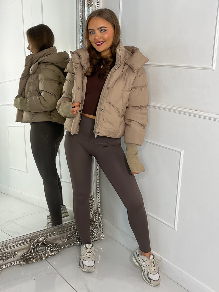 Cropped Puffer Coat With Hood - Beige