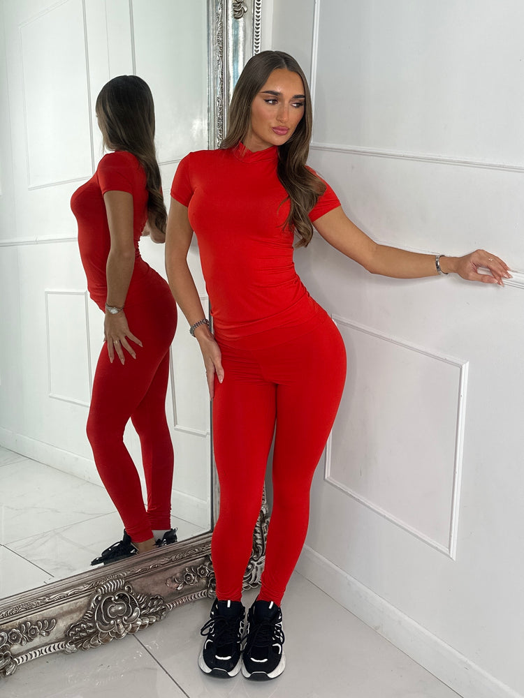 High Neck Second Skin Top & Sculpt Panel Leggings - Red