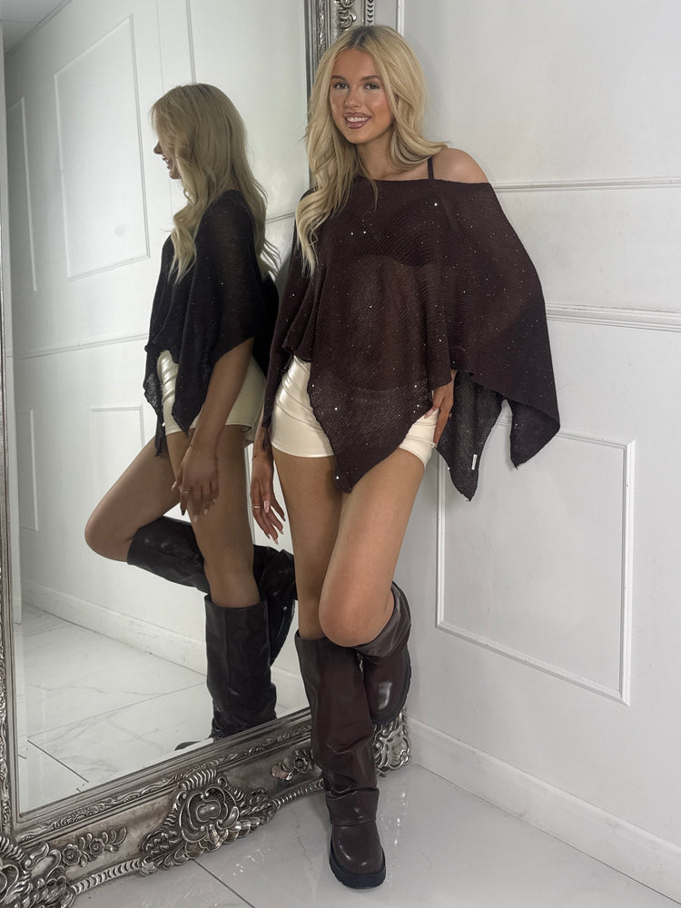 Sequin Detail Lace See Through Poncho-Brown