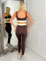 Two Tone Sports Bra & Band Detail Leggings Gym Set - Brown/Beige