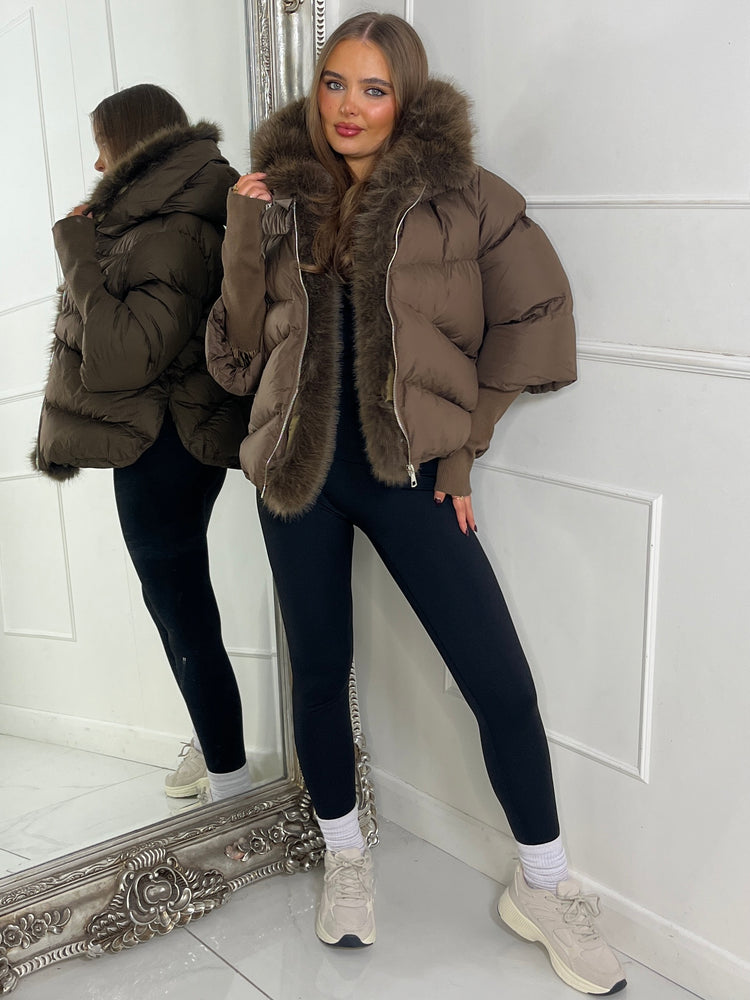 Hooded Puffer Coat With Faux Fur Trim - Brown