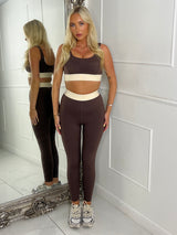 Two Tone Sports Bra & Band Detail Leggings Gym Set - Brown/Beige