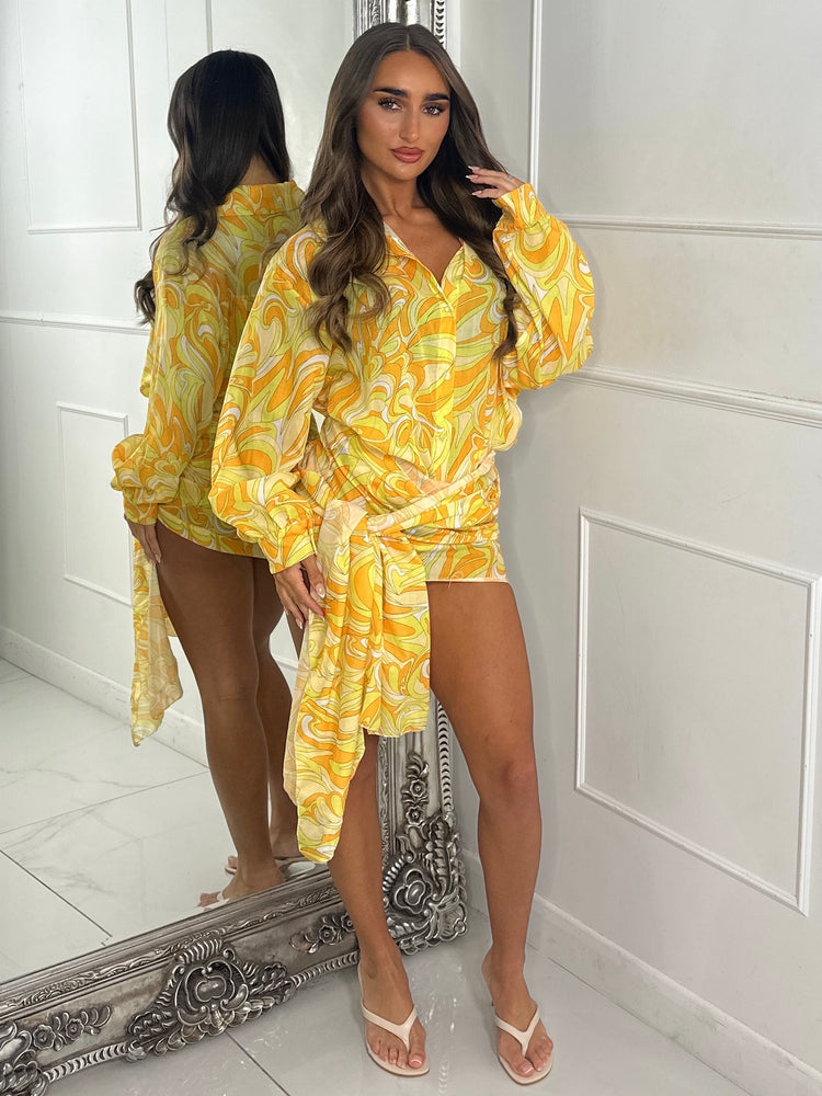 Printed Shirt Dress with Wrap Skirt - Yellow Multi Print