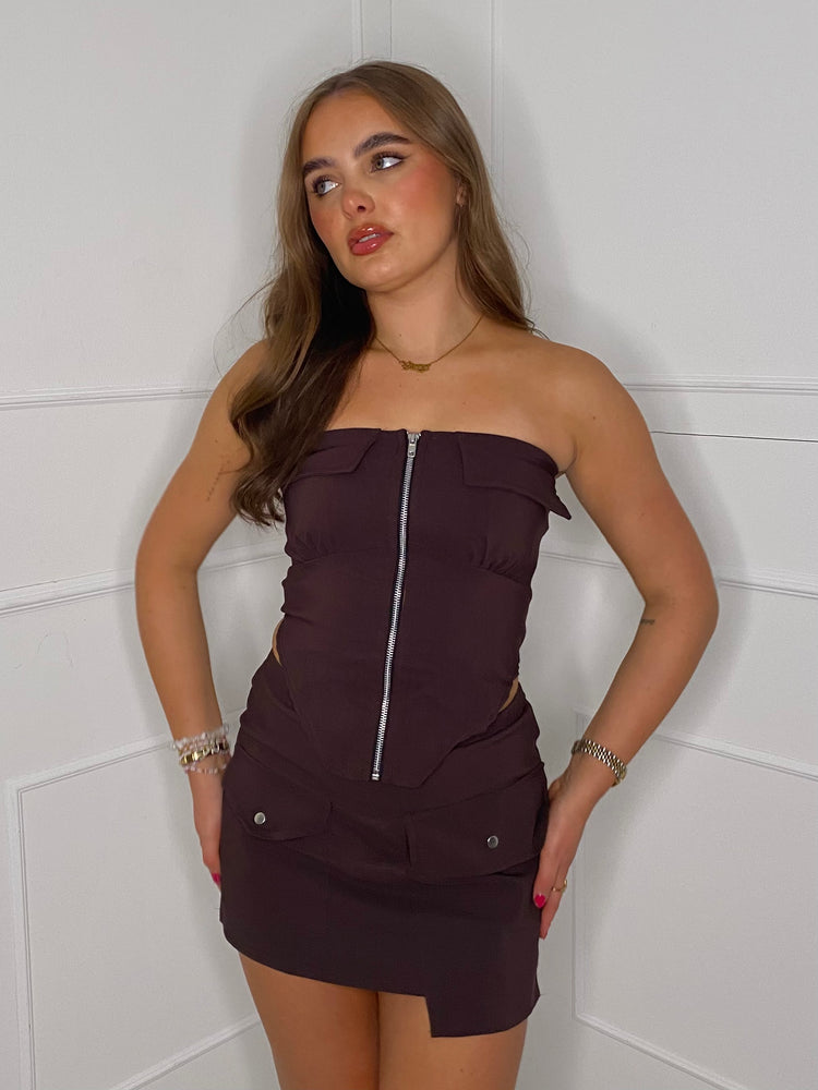 Zip Up Front Pocket skirt set - Brown