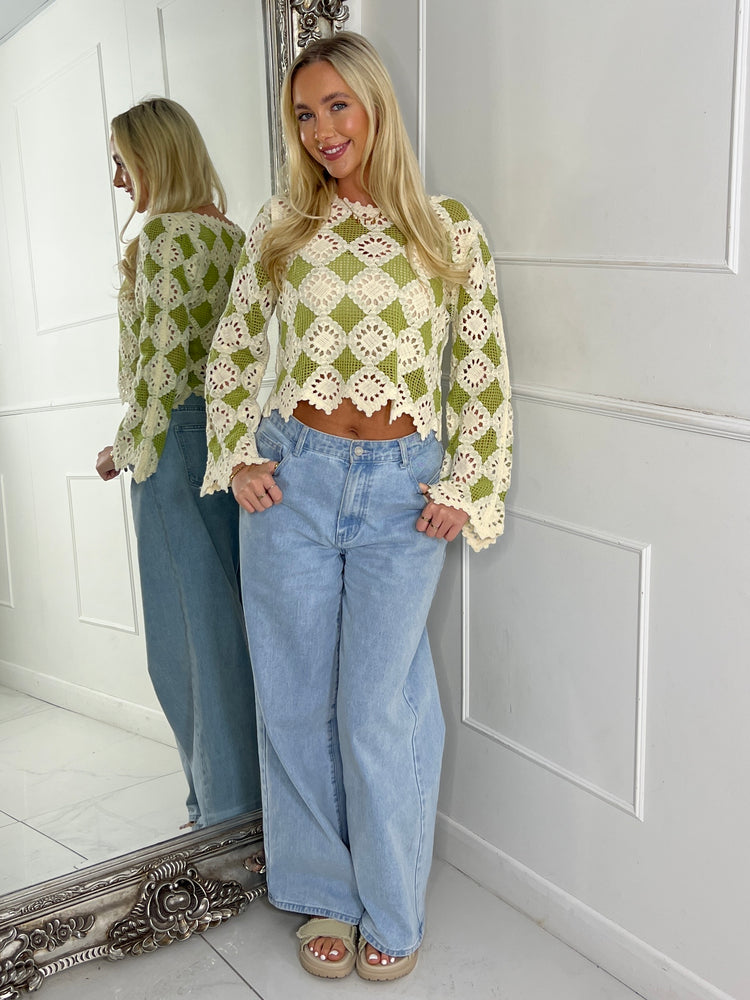 Multi Colour Contrast Crochet Top - Beige & Sage