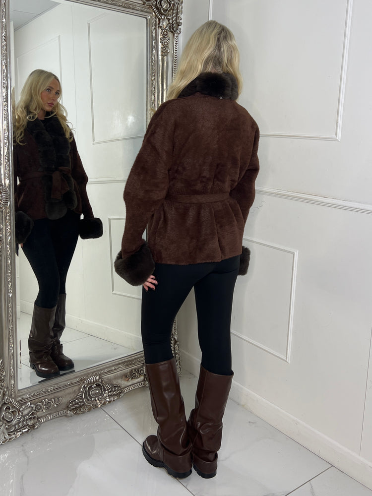Faux Fur Trim Tie Belt Cardigan - Brown
