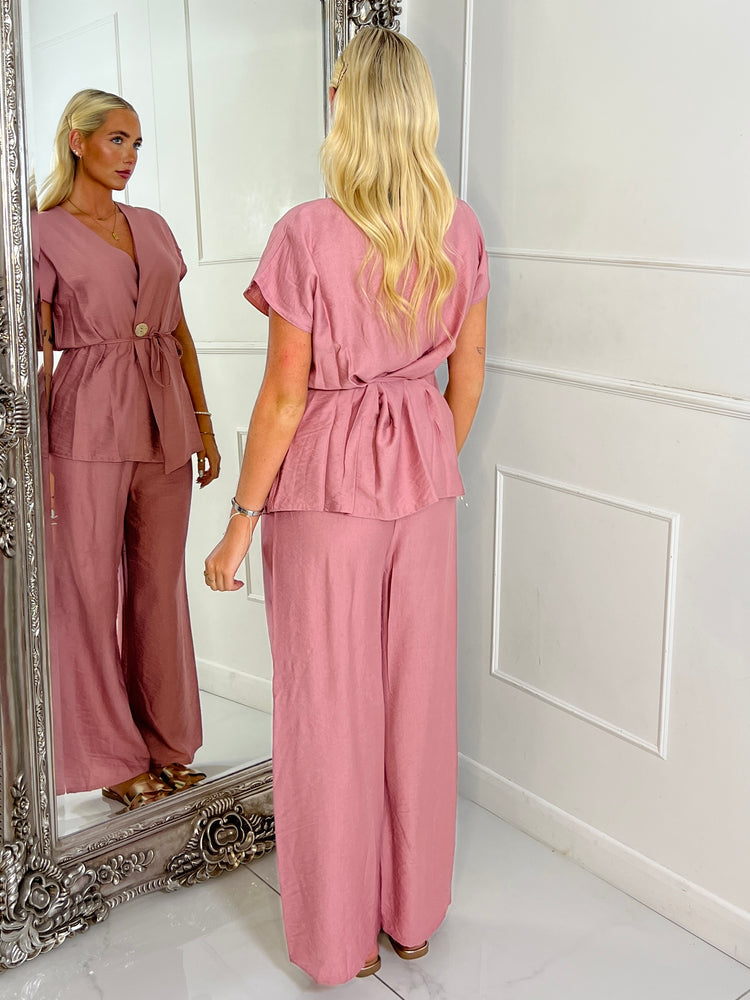 Linen Tie Waist V Neck Top & Wide Leg Pants Co-Ord - Dusty Pink